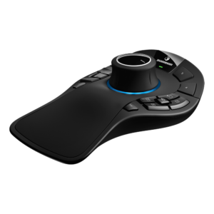 A black remote control with blue buttons.