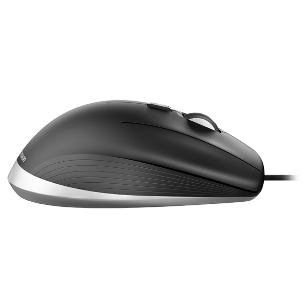 A computer mouse with a black and silver design.