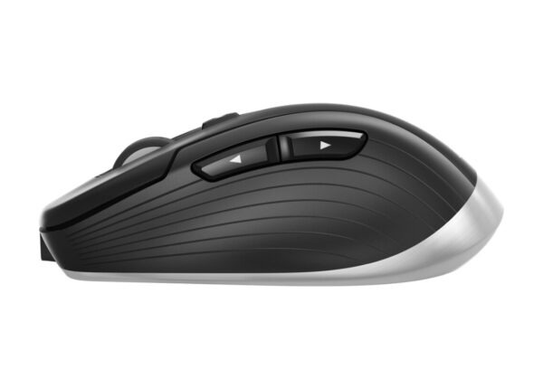 A black and white wireless mouse with buttons.