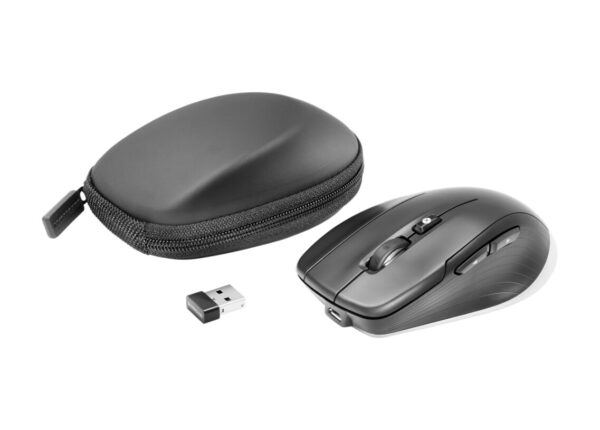 A black mouse with its case and the wireless mouse