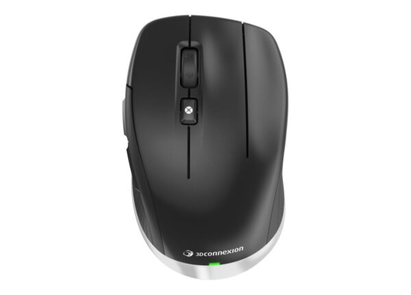 A black and silver wireless mouse with no background