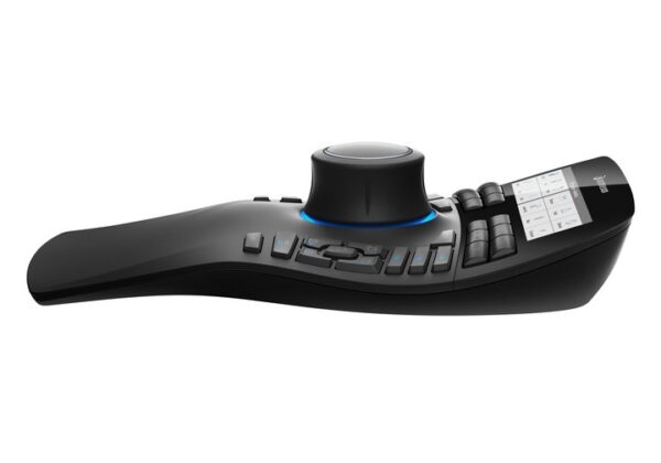 A black and blue remote control sitting on top of a table.