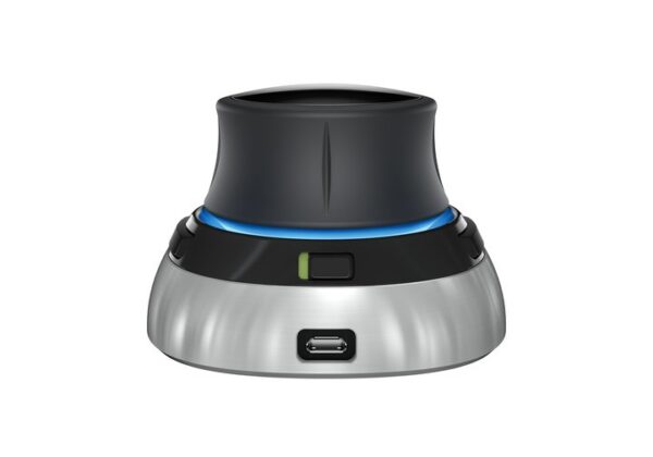 A silver and black device with blue light on top.