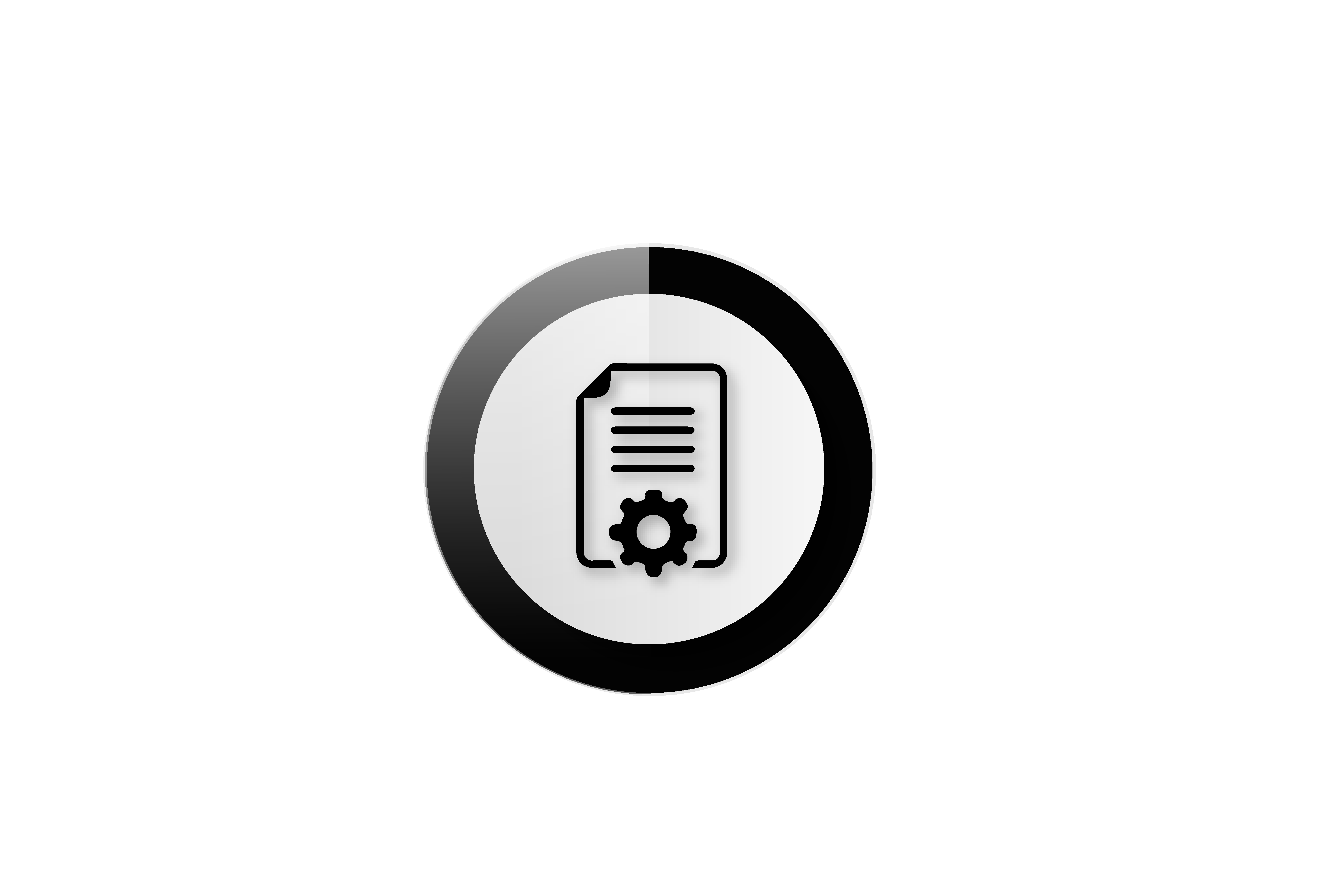 A black and white icon of a document with an gear on it.