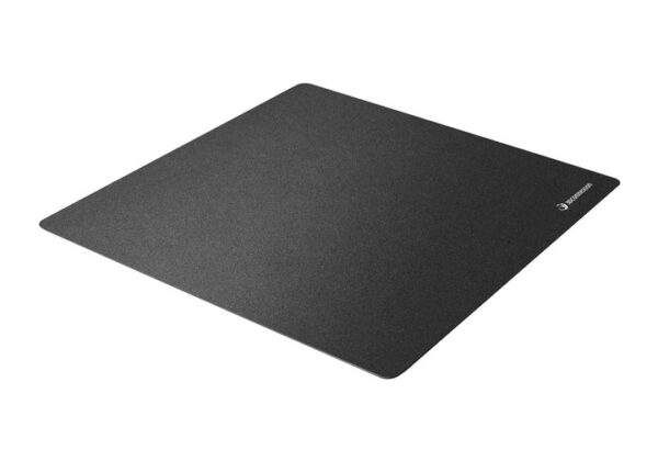 A black mouse pad with a square shape.