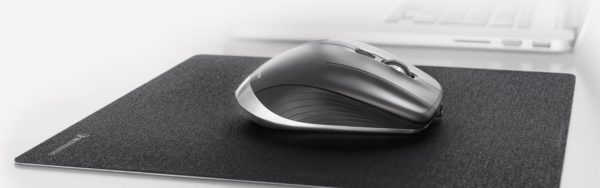 A mouse sitting on top of a black and silver mousepad.