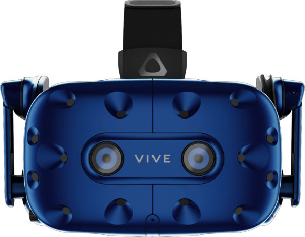 A blue htc vive headset with the buttons on top of it.