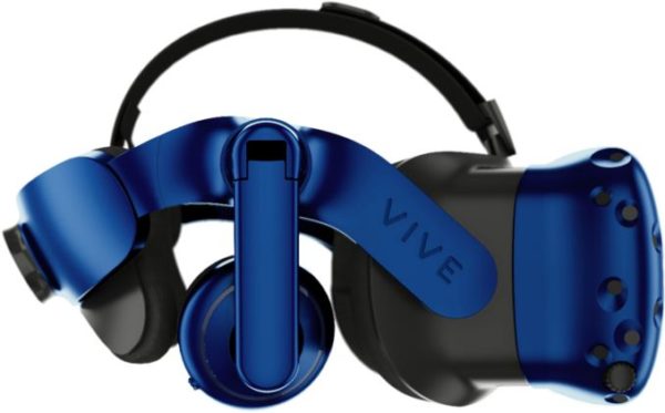 A blue headset with a black strap on top of it.