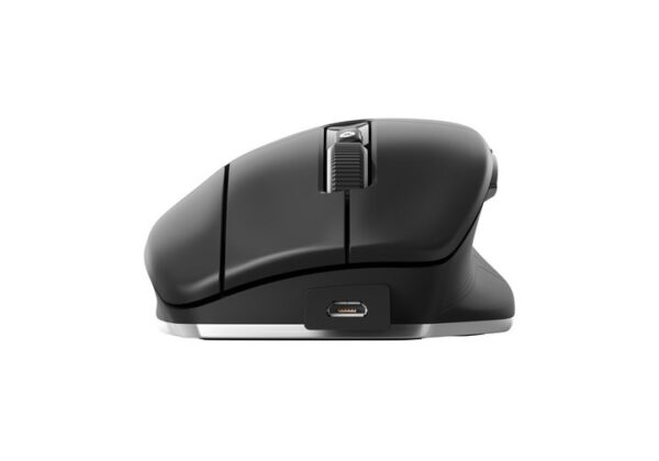 A black mouse with silver accents on top of it.