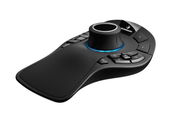 A black mouse with blue buttons and a button on the side.
