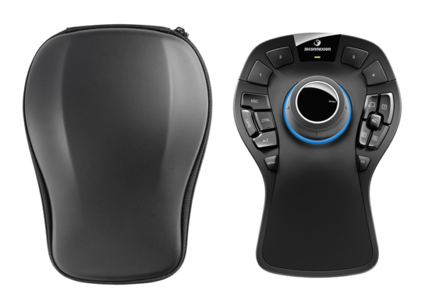 A black mouse and case with blue accents.