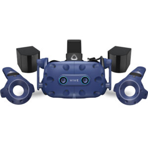 A blue vr headset with two speakers and three controllers.