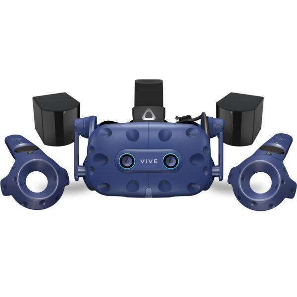 A blue vr headset with two speakers and three controllers.